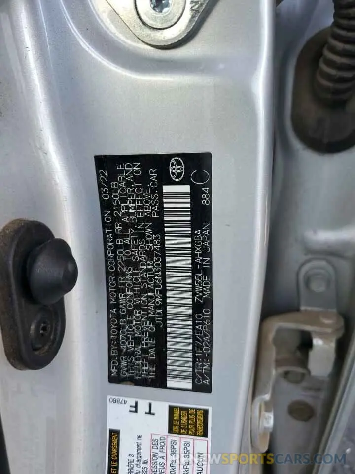 14 fotografías del automóvil dañado JTDL9MFU6N3037483 TOYOTA PRIUS 2022