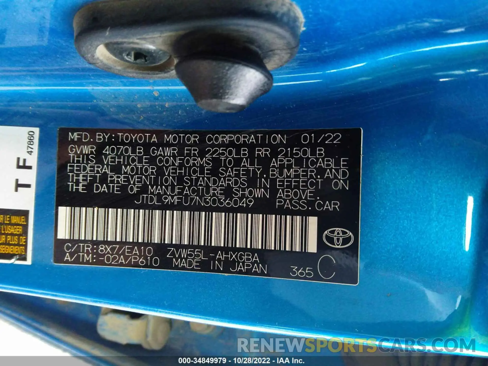9 fotografías del automóvil dañado JTDL9MFU7N3036049 TOYOTA PRIUS 2022