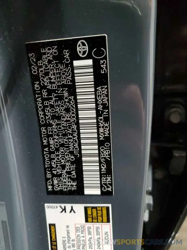 12 fotografías del automóvil dañado JTDACAAU4P3002264 TOYOTA PRIUS 2023