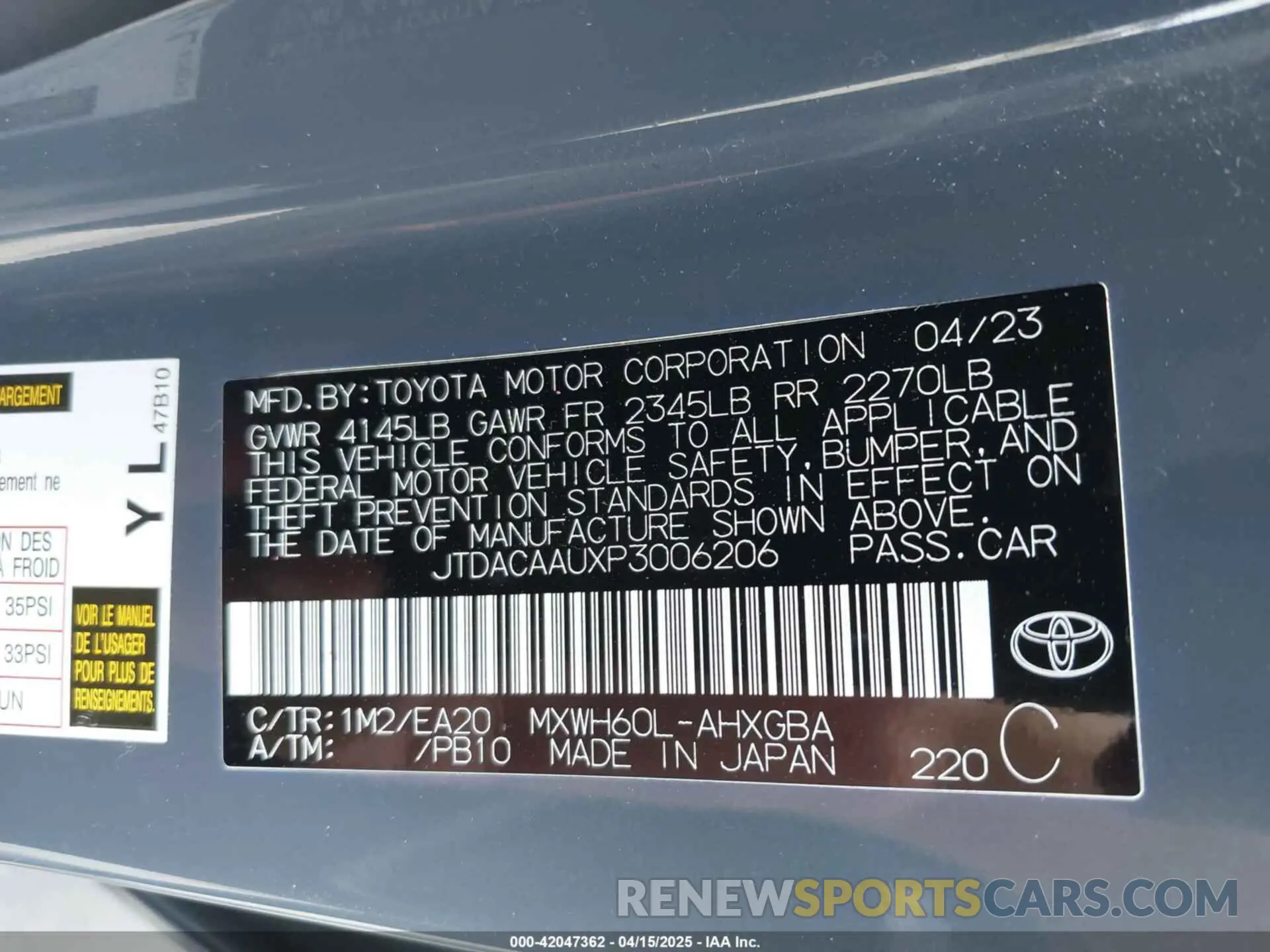9 fotografías del automóvil dañado JTDACAAUXP3006206 TOYOTA PRIUS 2023