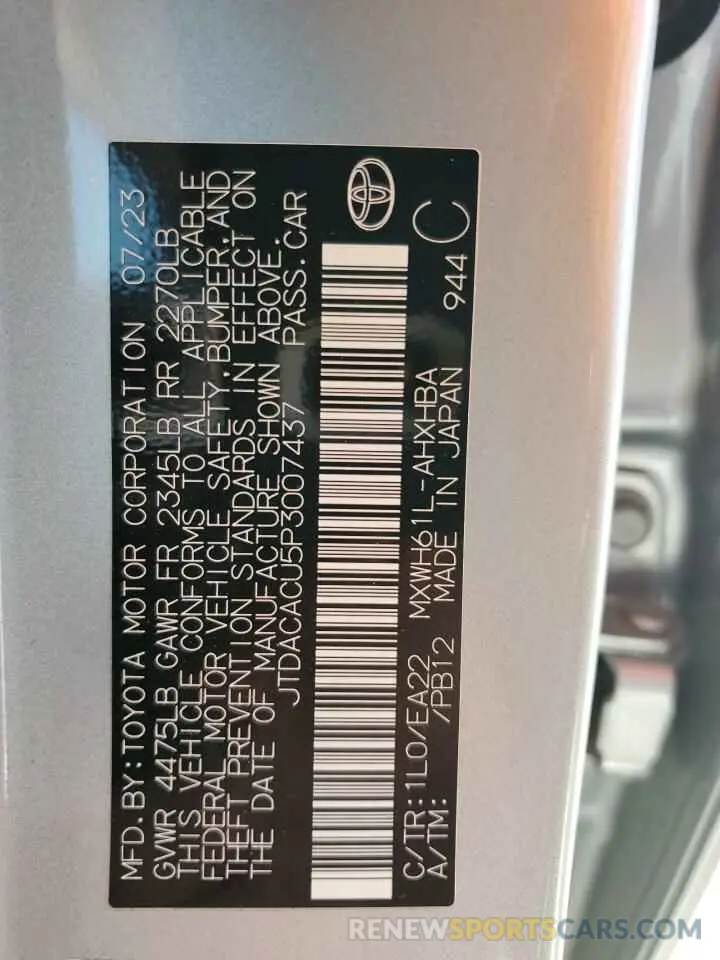 12 fotografías del automóvil dañado JTDACACU5P3007437 TOYOTA PRIUS 2023