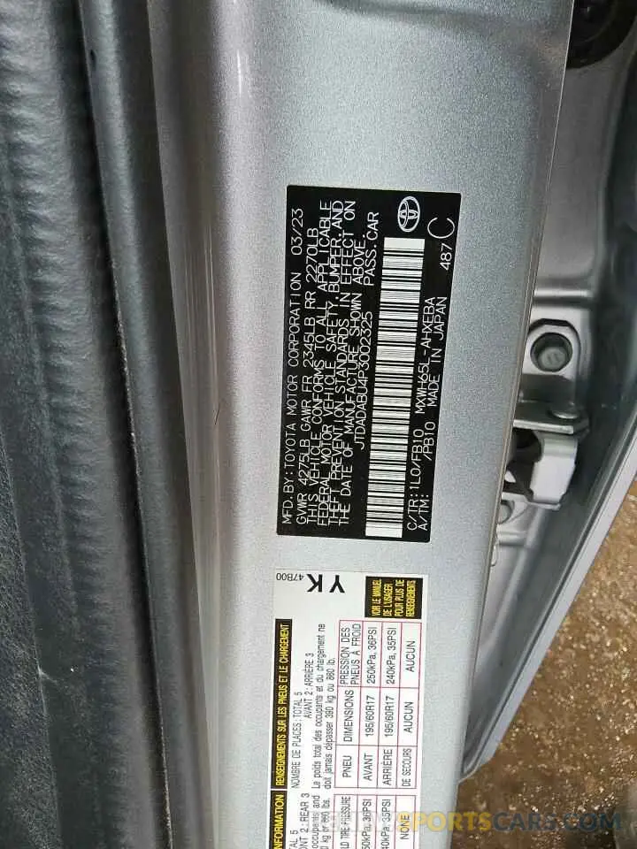 12 fotografías del automóvil dañado JTDADABU4P3002325 TOYOTA PRIUS 2023