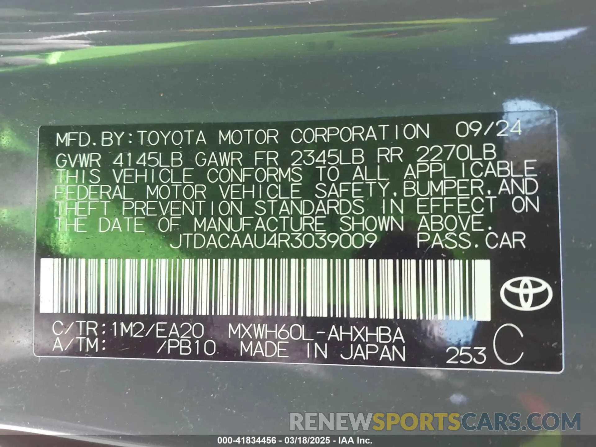 9 fotografías del automóvil dañado JTDACAAU4R3039009 TOYOTA PRIUS 2024
