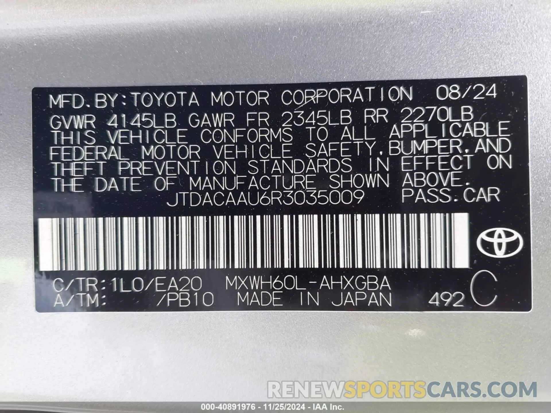 9 fotografías del automóvil dañado JTDACAAU6R3035009 TOYOTA PRIUS 2024