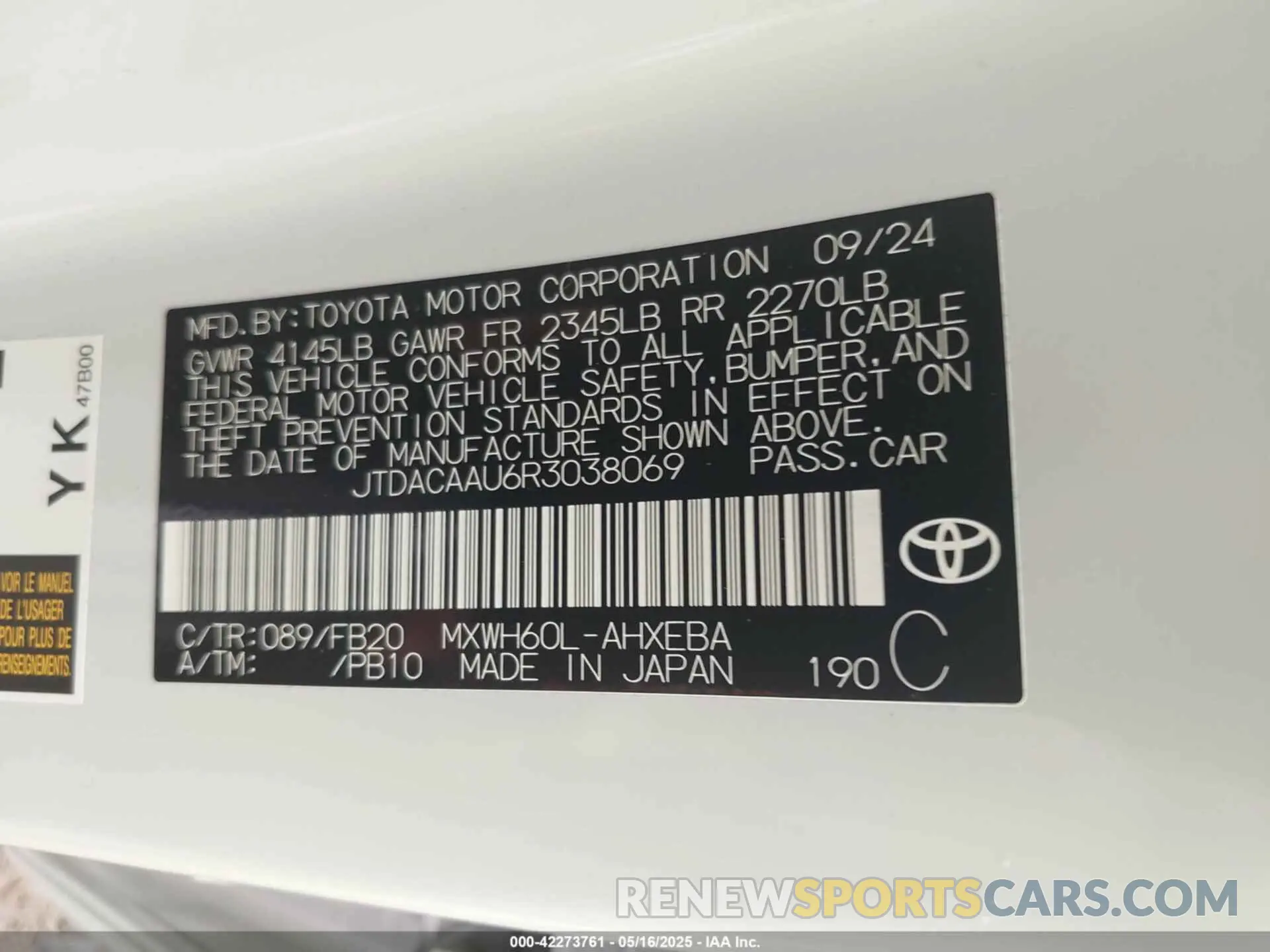 9 fotografías del automóvil dañado JTDACAAU6R3038069 TOYOTA PRIUS 2024