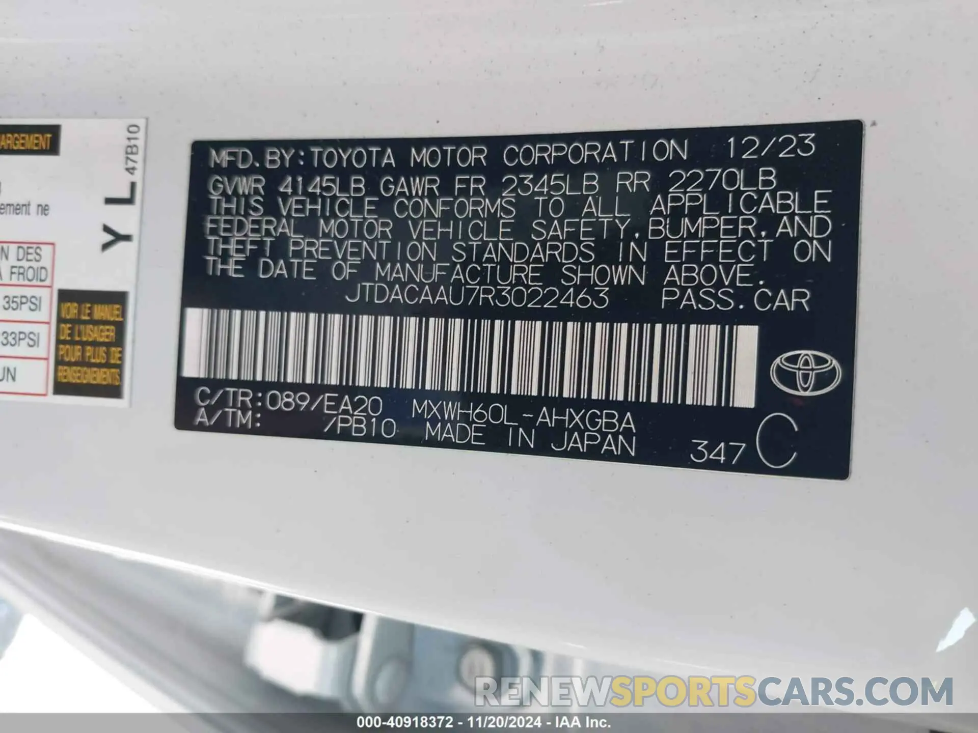 9 fotografías del automóvil dañado JTDACAAU7R3022463 TOYOTA PRIUS 2024