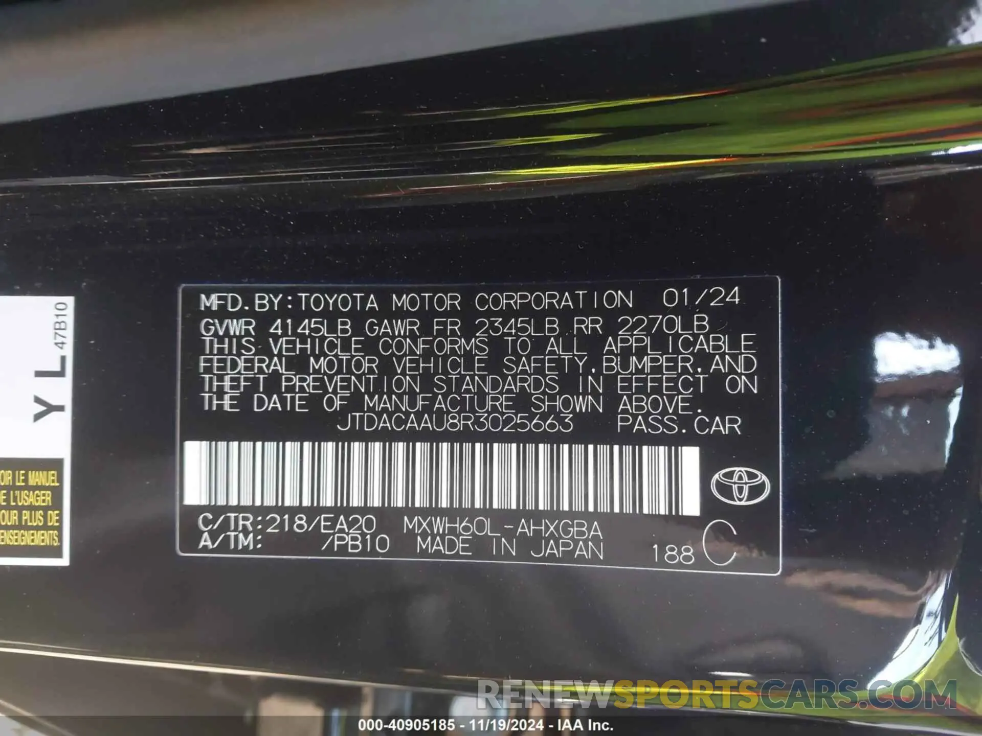 9 fotografías del automóvil dañado JTDACAAU8R3025663 TOYOTA PRIUS 2024