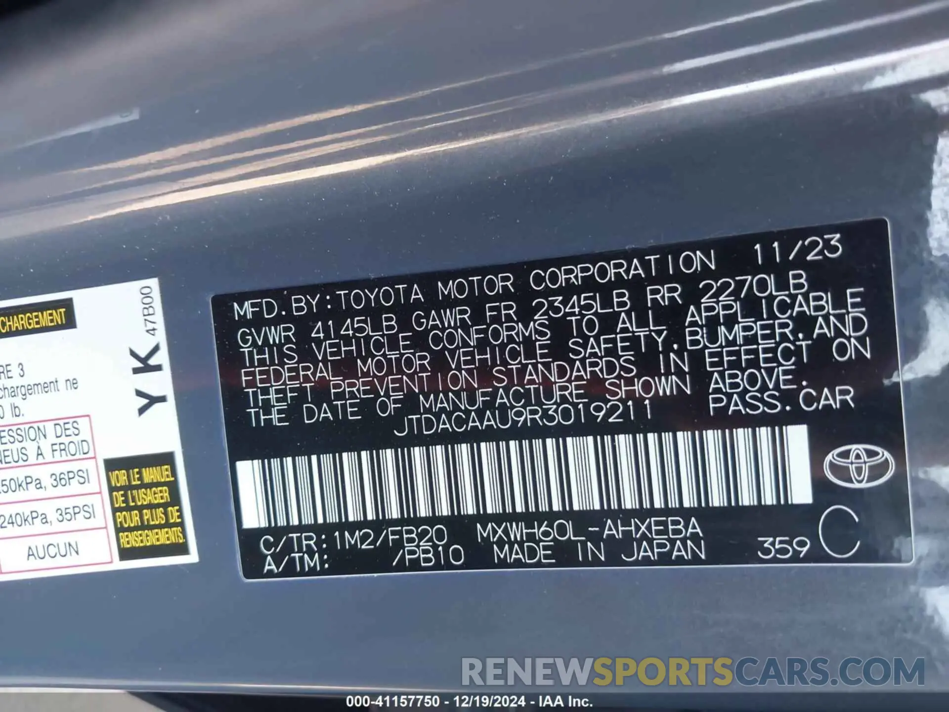 9 fotografías del automóvil dañado JTDACAAU9R3019211 TOYOTA PRIUS 2024