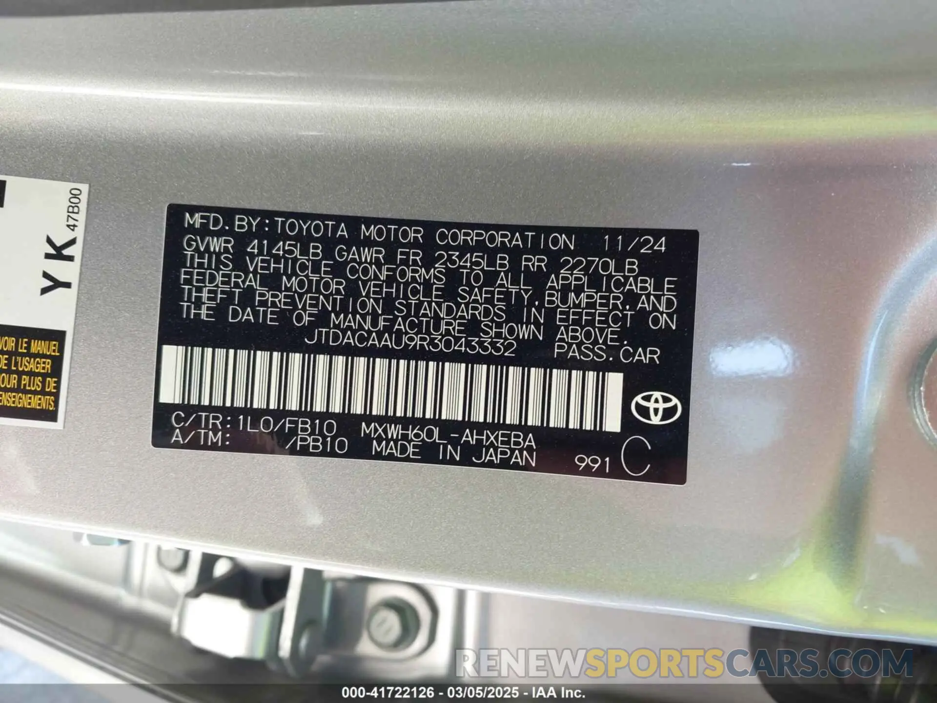 9 fotografías del automóvil dañado JTDACAAU9R3043332 TOYOTA PRIUS 2024