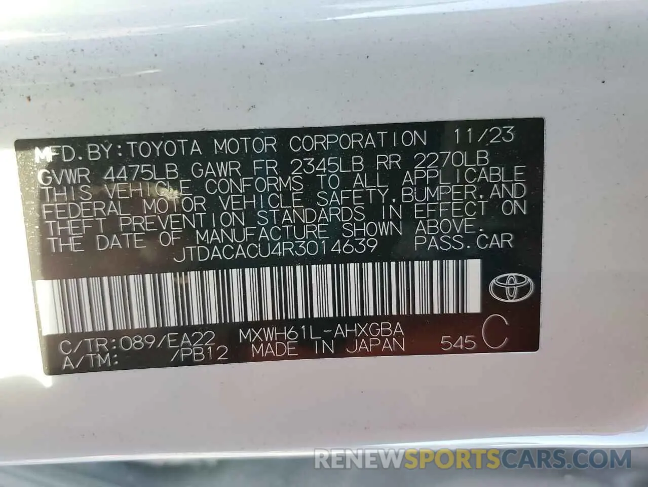 12 fotografías del automóvil dañado JTDACACU4R3014639 TOYOTA PRIUS 2024