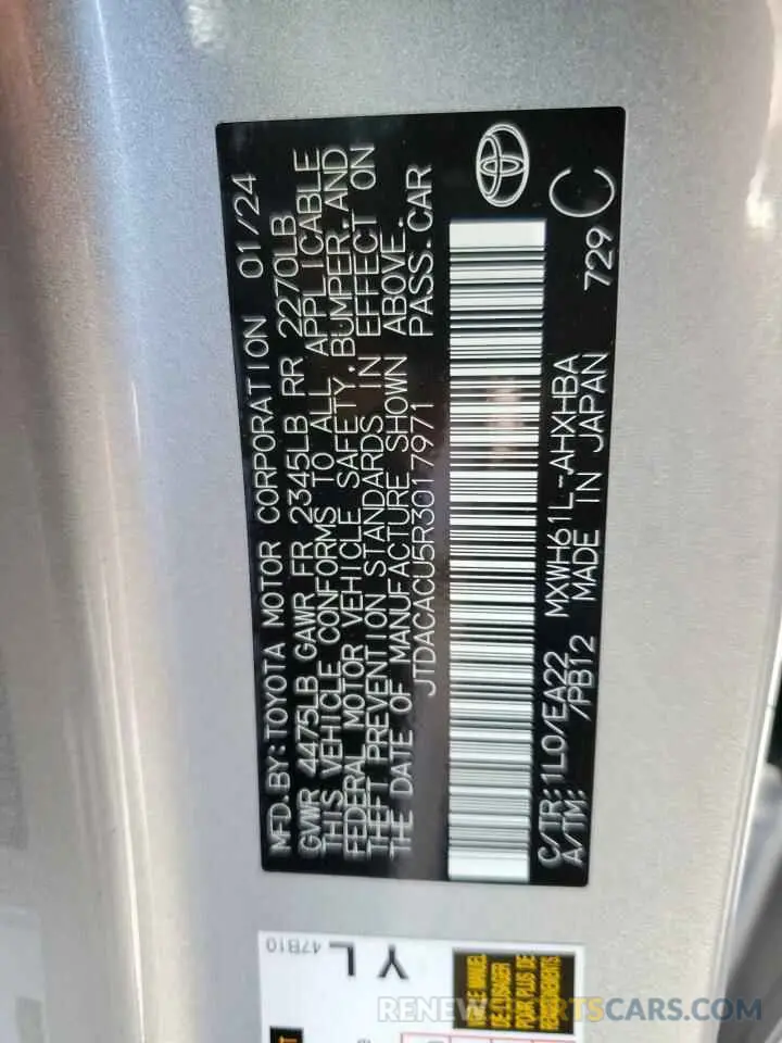 12 fotografías del automóvil dañado JTDACACU5R3017971 TOYOTA PRIUS 2024