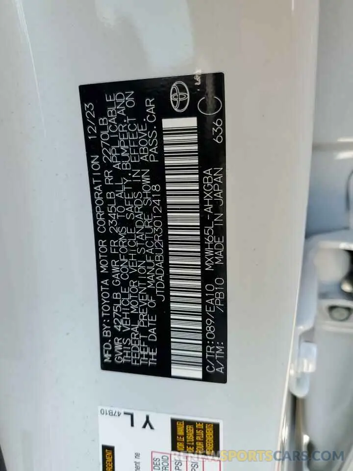 12 fotografías del automóvil dañado JTDADABU2R3012418 TOYOTA PRIUS 2024