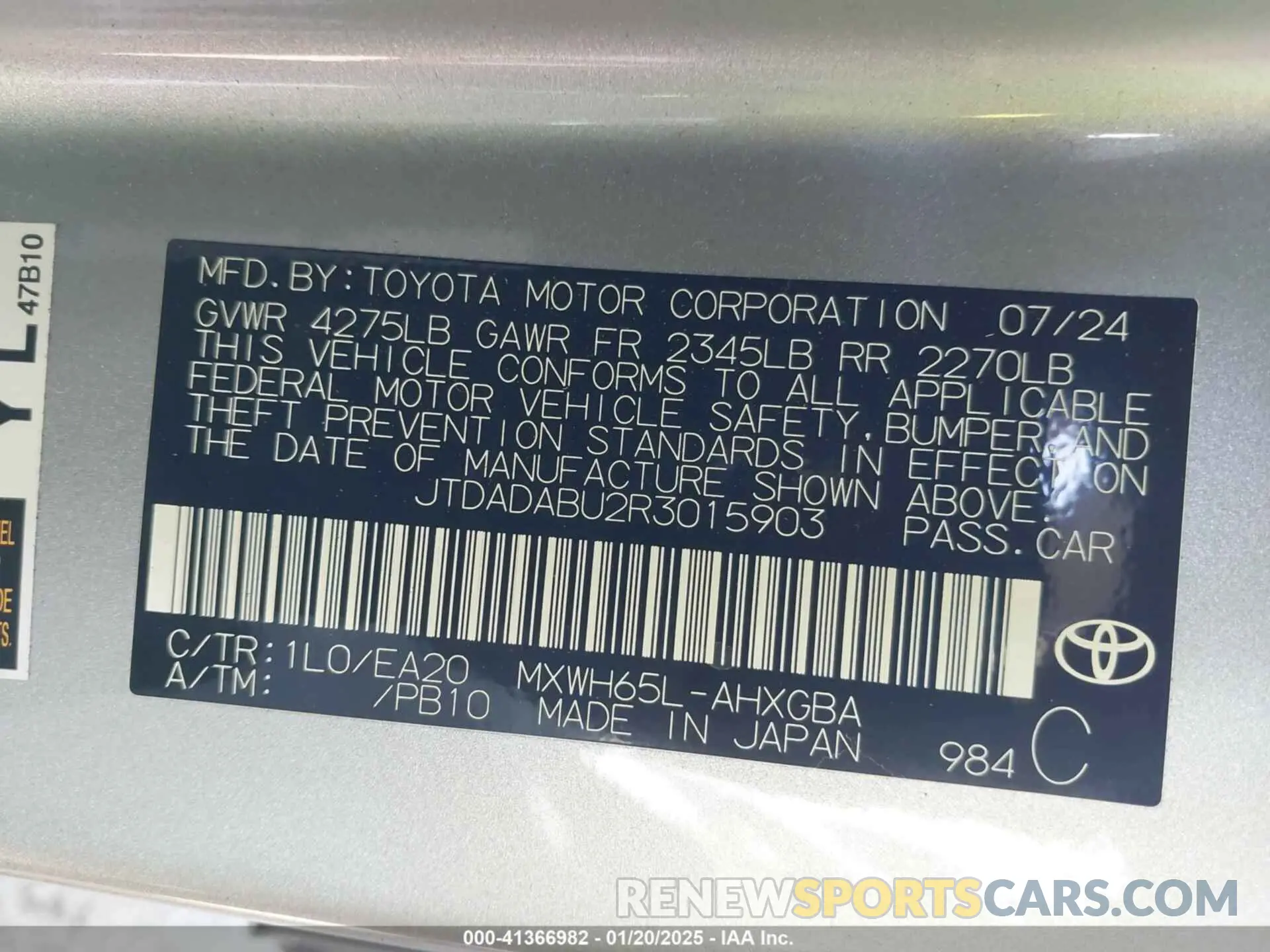 9 fotografías del automóvil dañado JTDADABU2R3015903 TOYOTA PRIUS 2024
