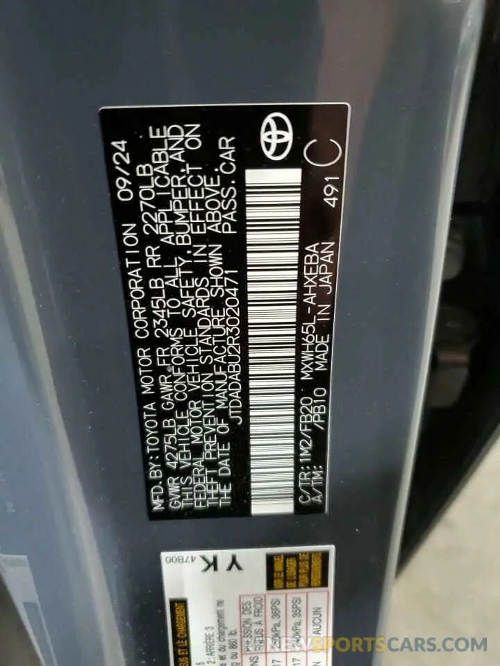 13 fotografías del automóvil dañado JTDADABU2R3020471 TOYOTA PRIUS 2024
