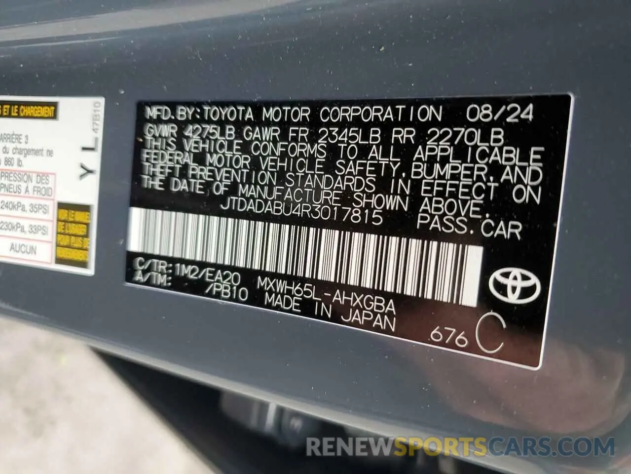 12 fotografías del automóvil dañado JTDADABU4R3017815 TOYOTA PRIUS 2024