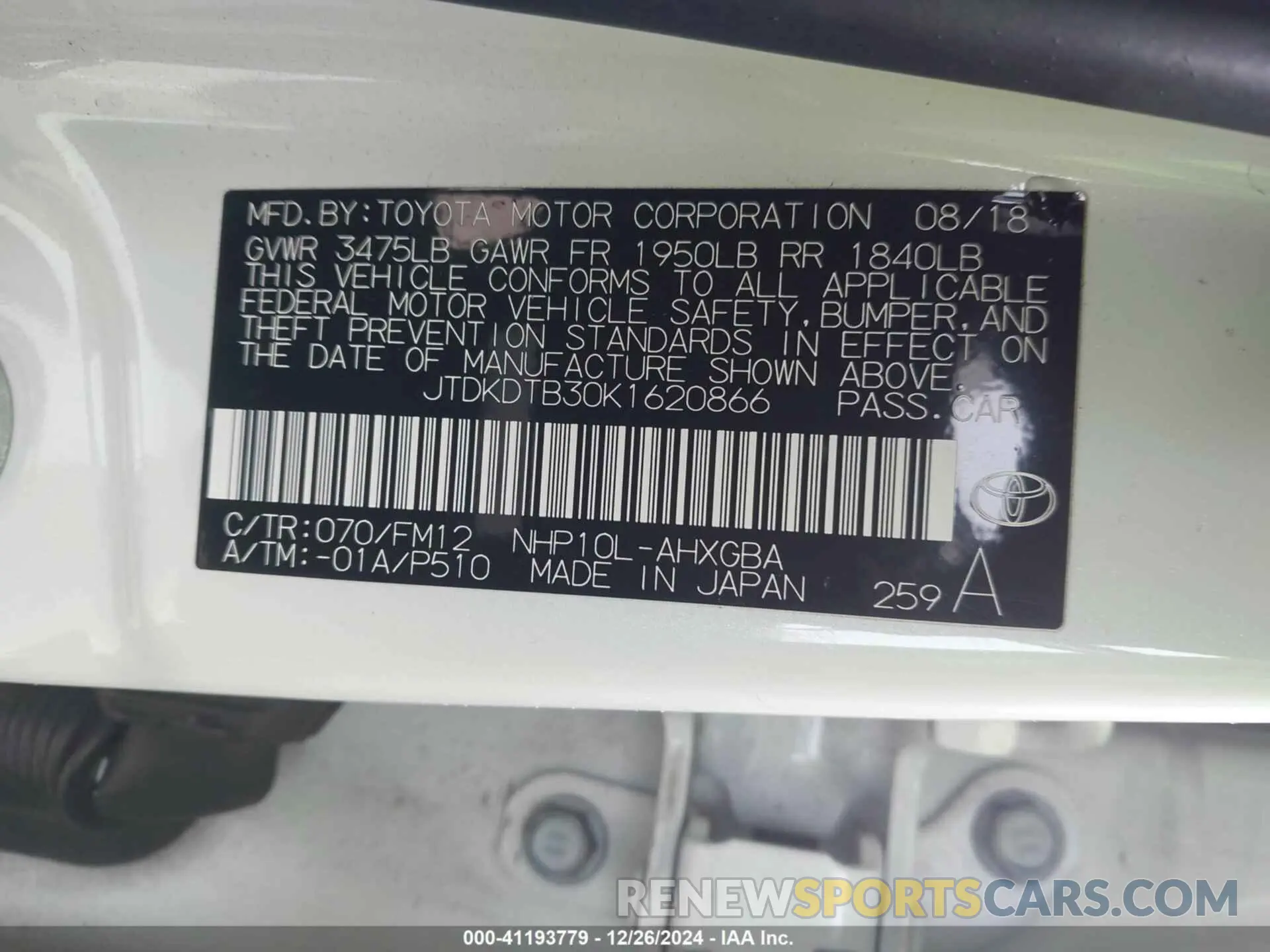 9 fotografías del automóvil dañado JTDKDTB30K1620866 TOYOTA PRIUS C 2019