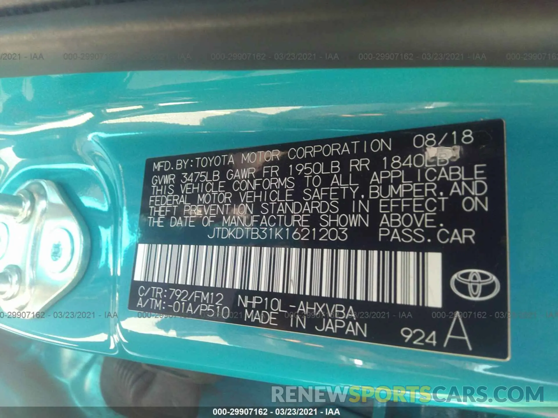 9 fotografías del automóvil dañado JTDKDTB31K1621203 TOYOTA PRIUS C 2019