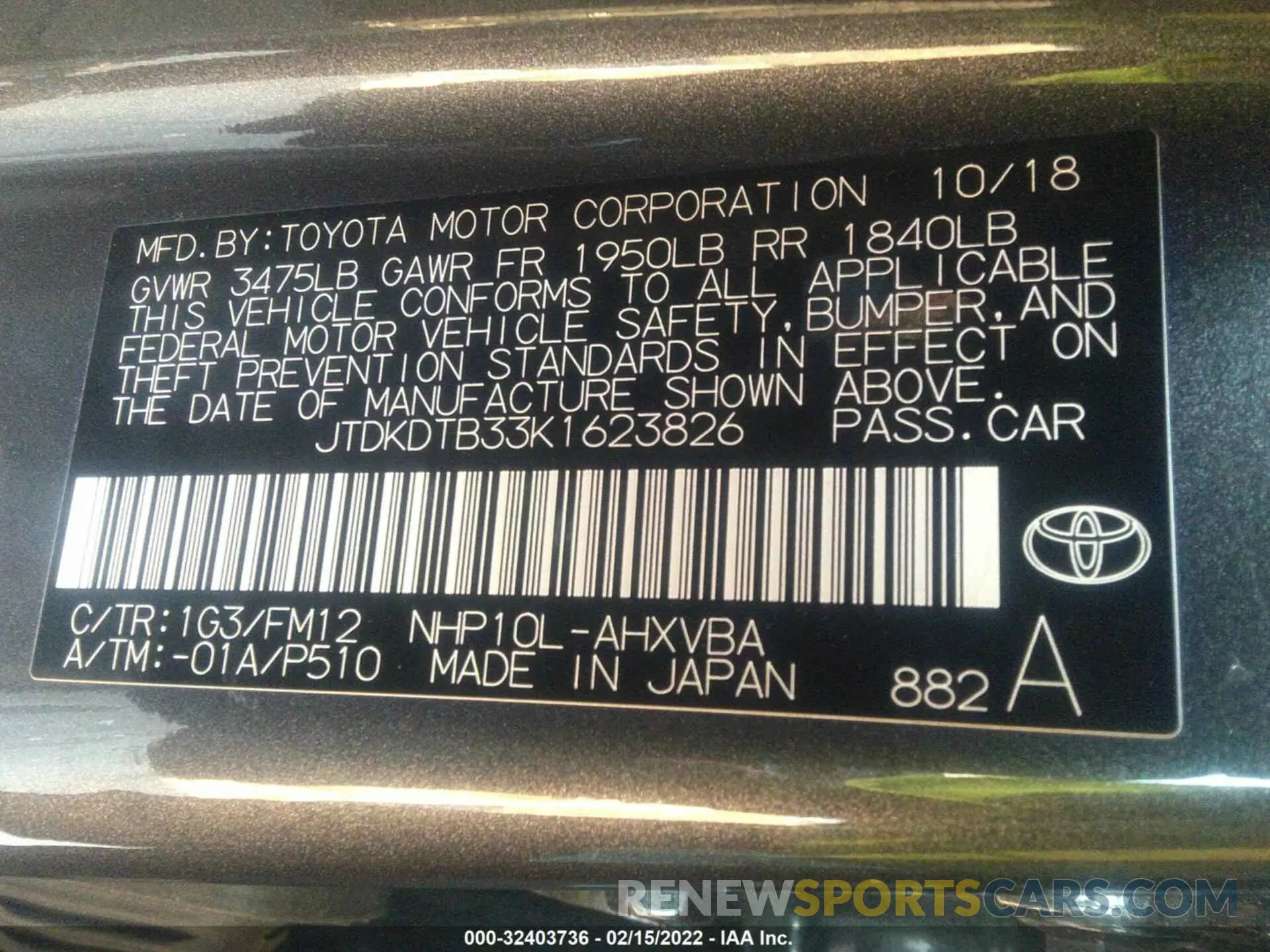 9 fotografías del automóvil dañado JTDKDTB33K1623826 TOYOTA PRIUS C 2019