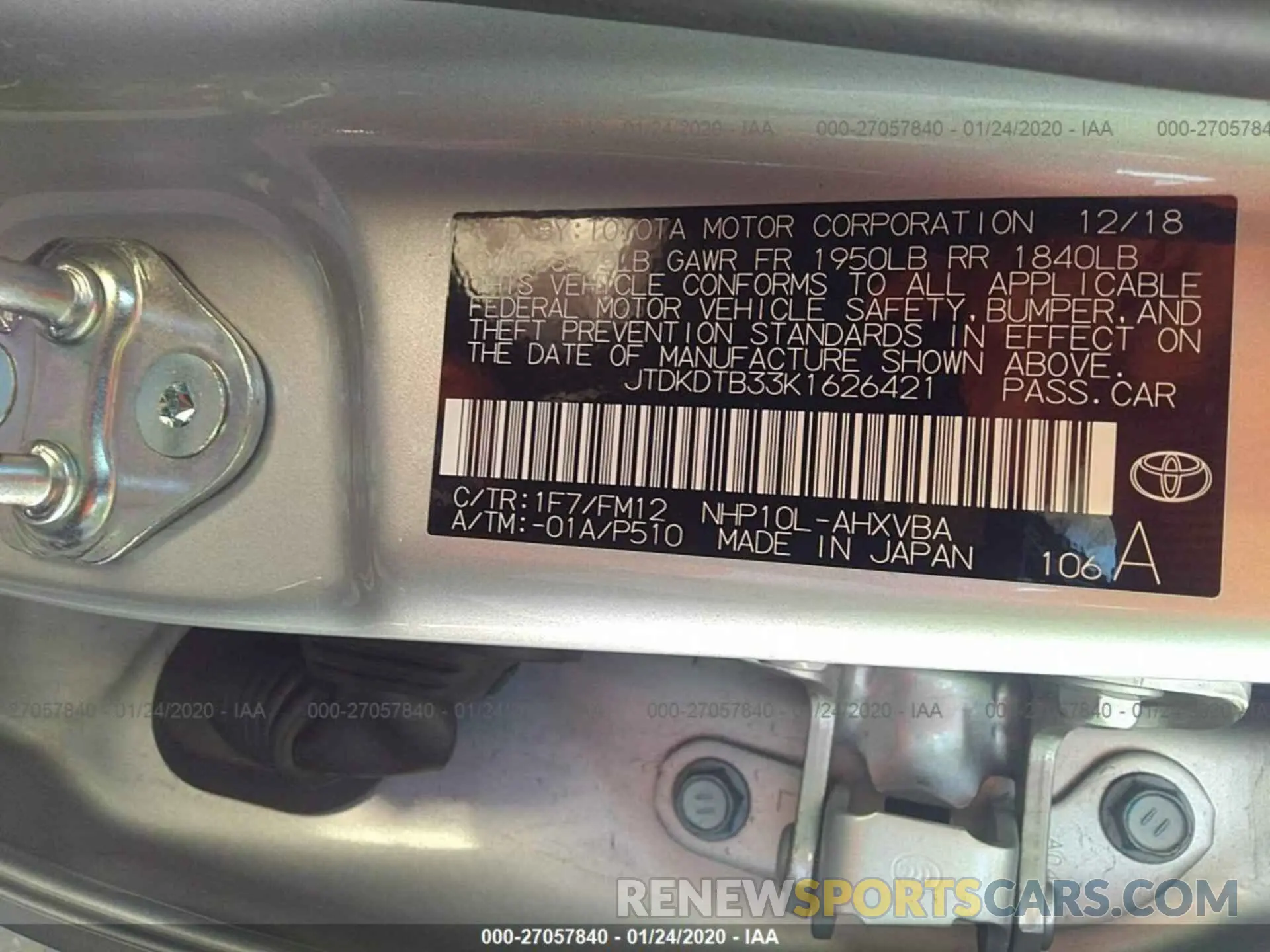 9 fotografías del automóvil dañado JTDKDTB33K1626421 TOYOTA PRIUS C 2019