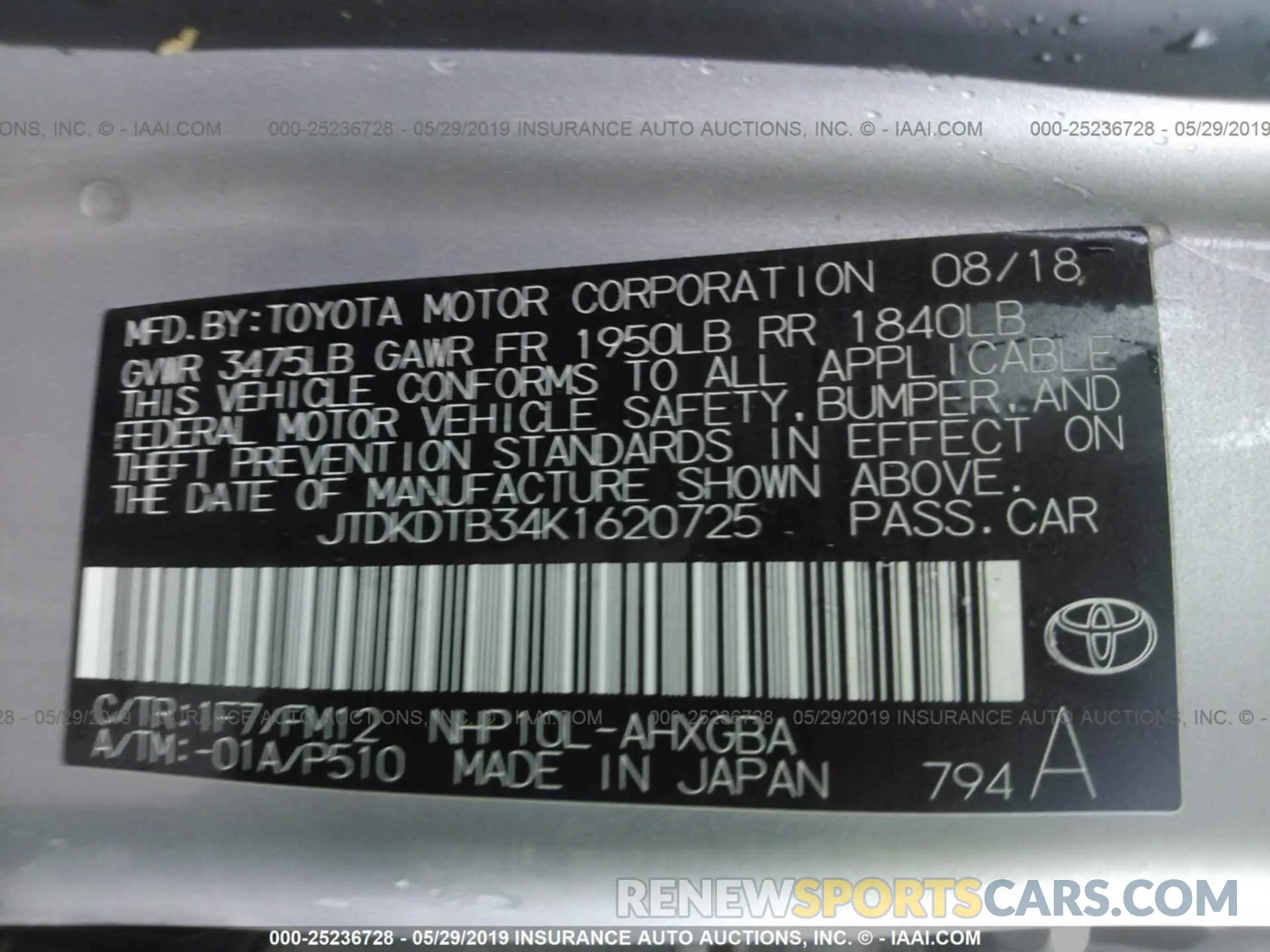 9 fotografías del automóvil dañado JTDKDTB34K1620725 TOYOTA PRIUS C 2019