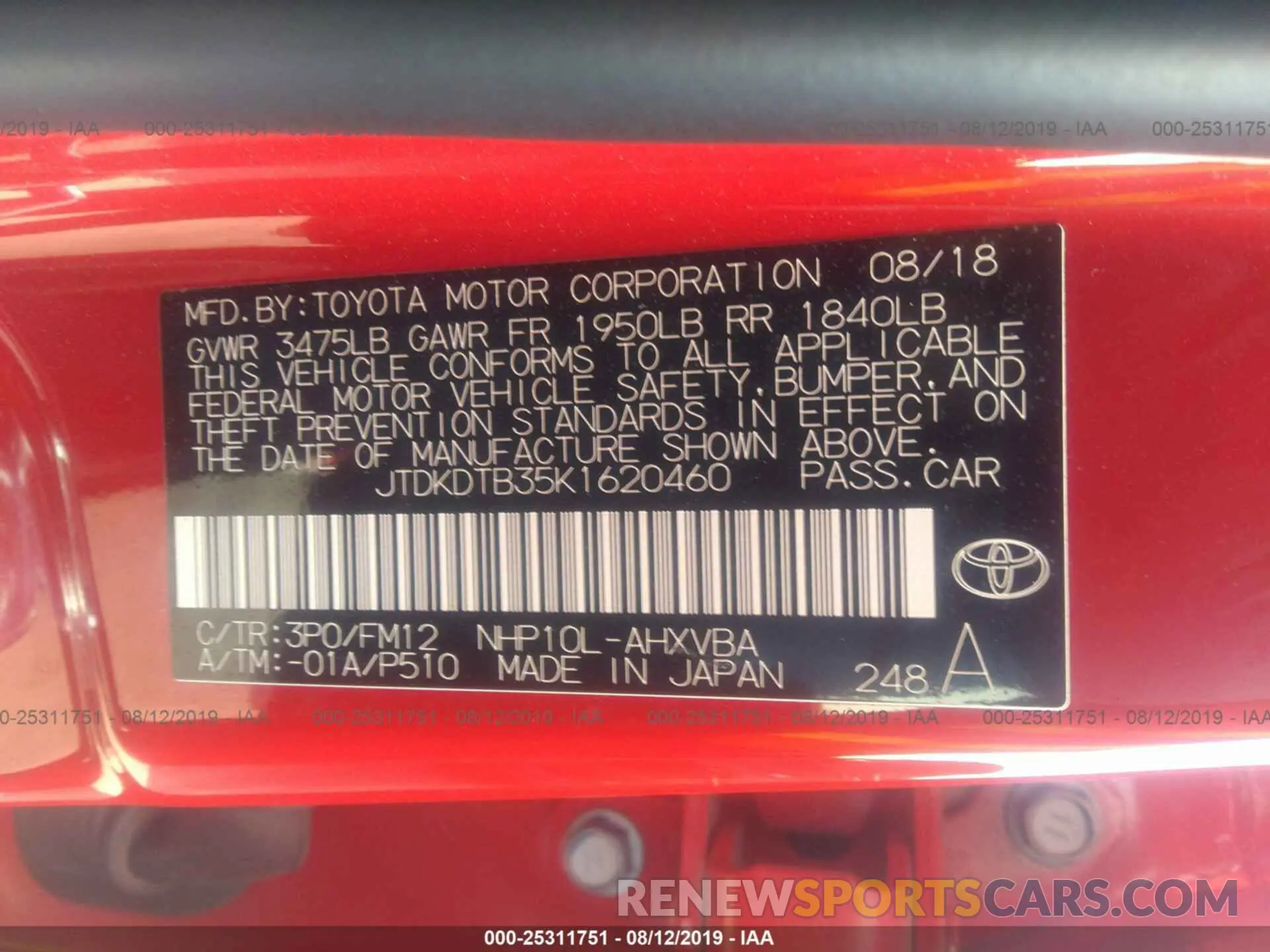 9 fotografías del automóvil dañado JTDKDTB35K1620460 TOYOTA PRIUS C 2019