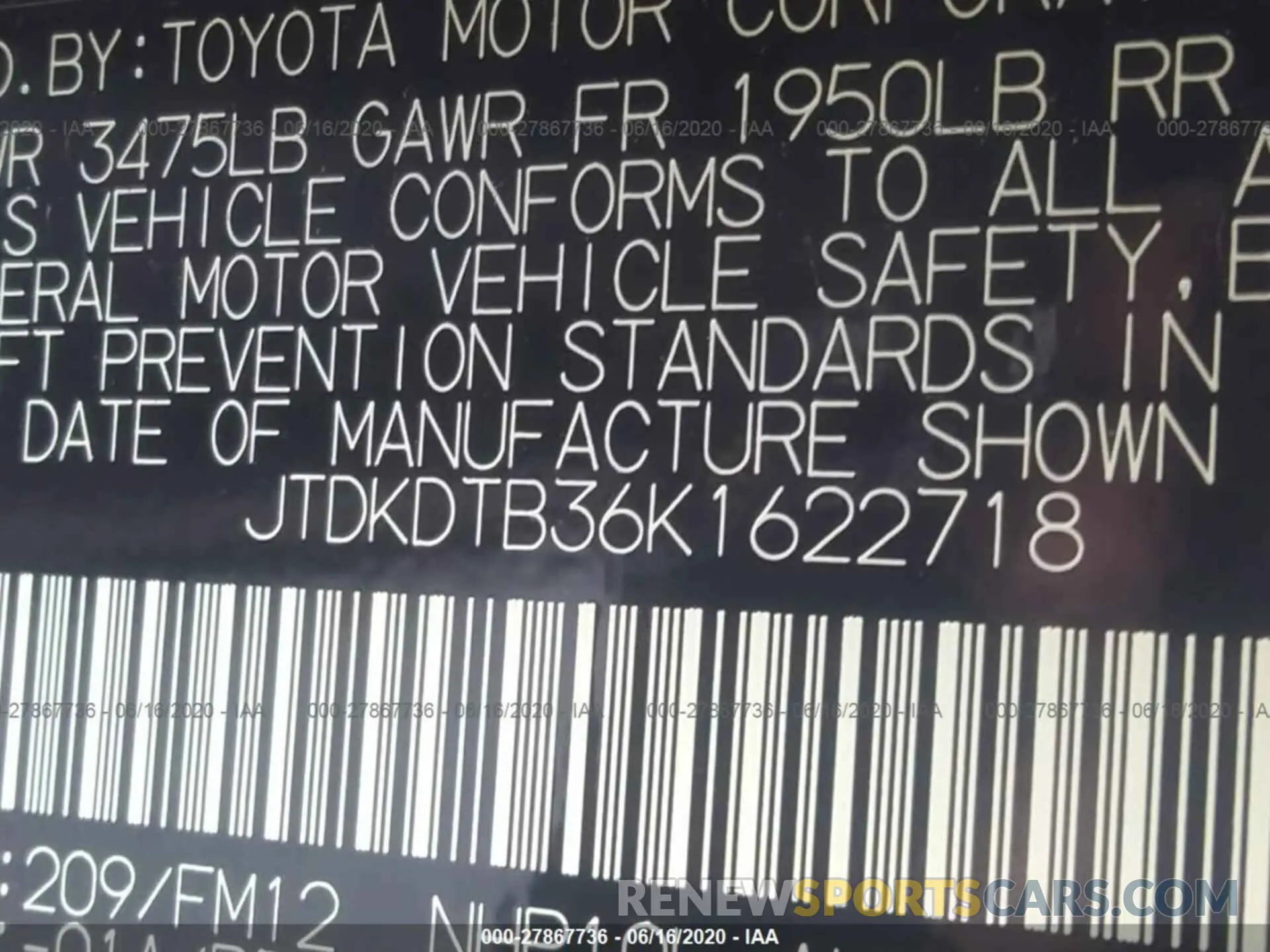 9 fotografías del automóvil dañado JTDKDTB36K1622718 TOYOTA PRIUS C 2019
