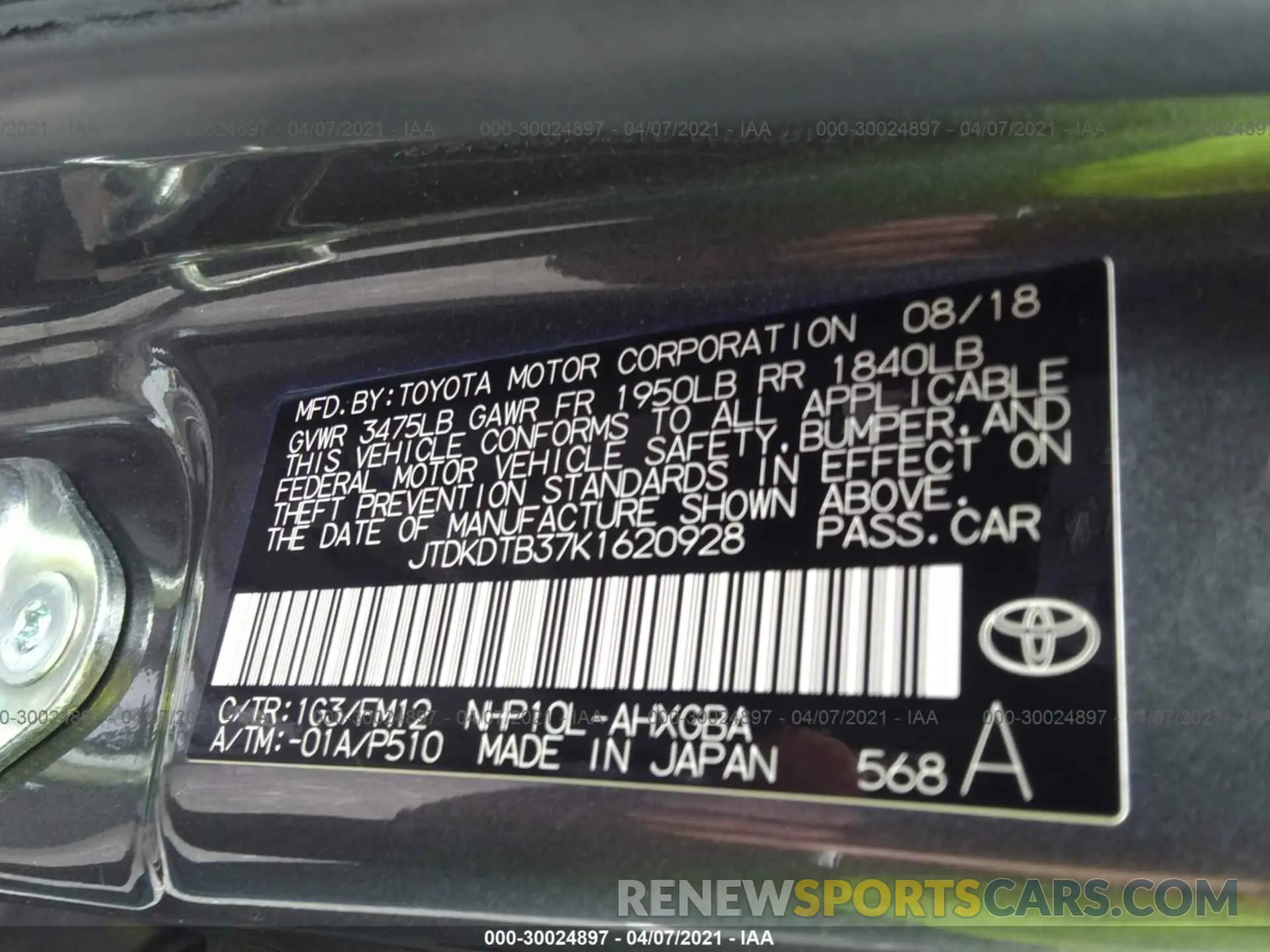 9 fotografías del automóvil dañado JTDKDTB37K1620928 TOYOTA PRIUS C 2019