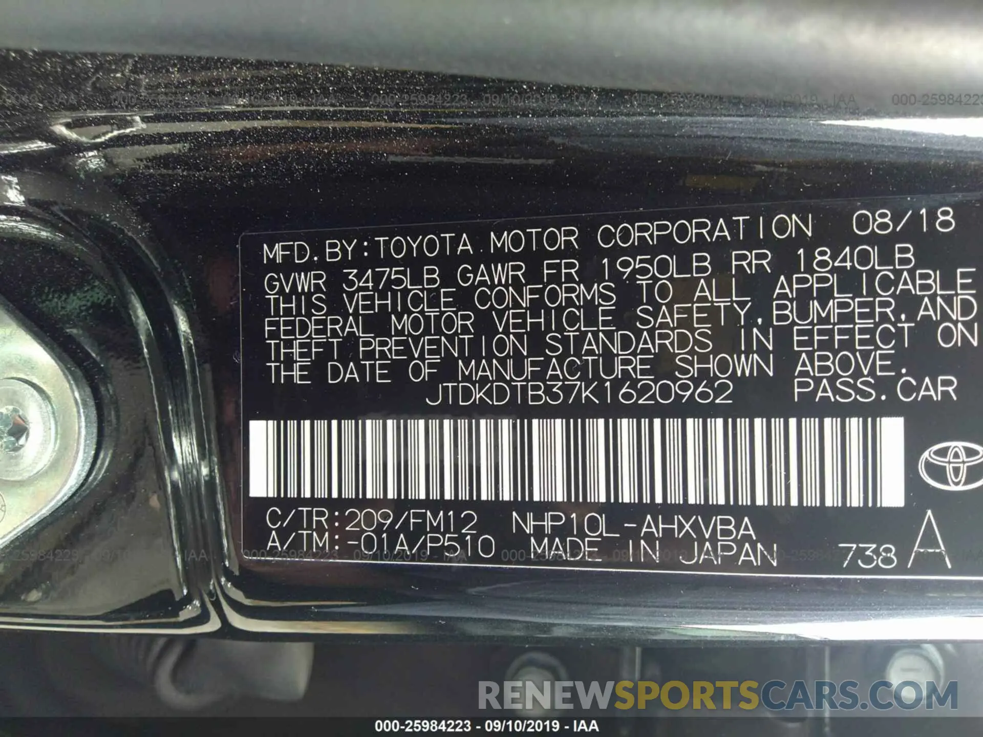9 fotografías del automóvil dañado JTDKDTB37K1620962 TOYOTA PRIUS C 2019