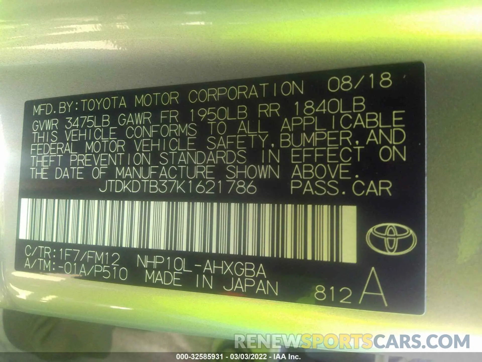 9 fotografías del automóvil dañado JTDKDTB37K1621786 TOYOTA PRIUS C 2019