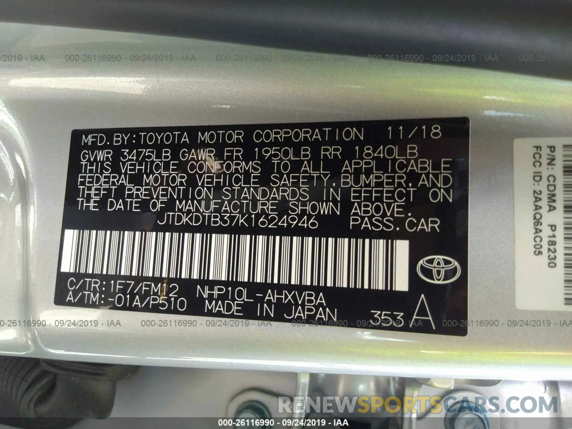 9 fotografías del automóvil dañado JTDKDTB37K1624946 TOYOTA PRIUS C 2019