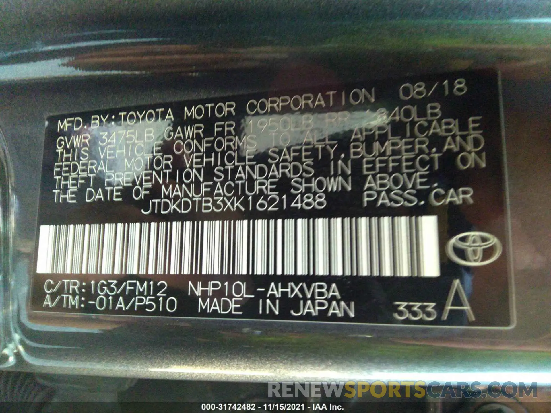 9 fotografías del automóvil dañado JTDKDTB3XK1621488 TOYOTA PRIUS C 2019