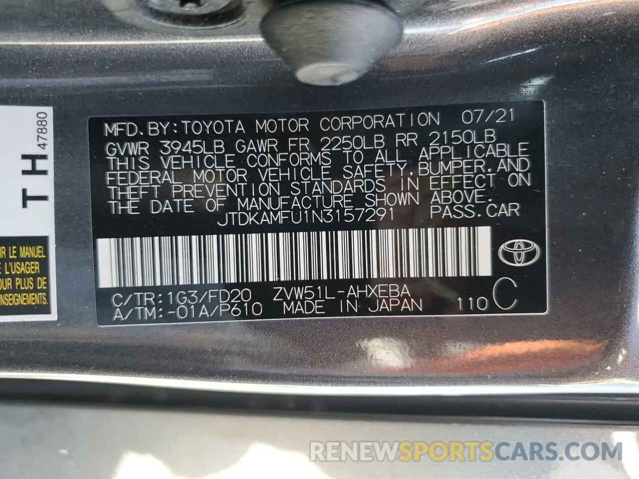 12 fotografías del automóvil dañado JTDKAMFU1N3157291 TOYOTA PRIUS NIGH 2022