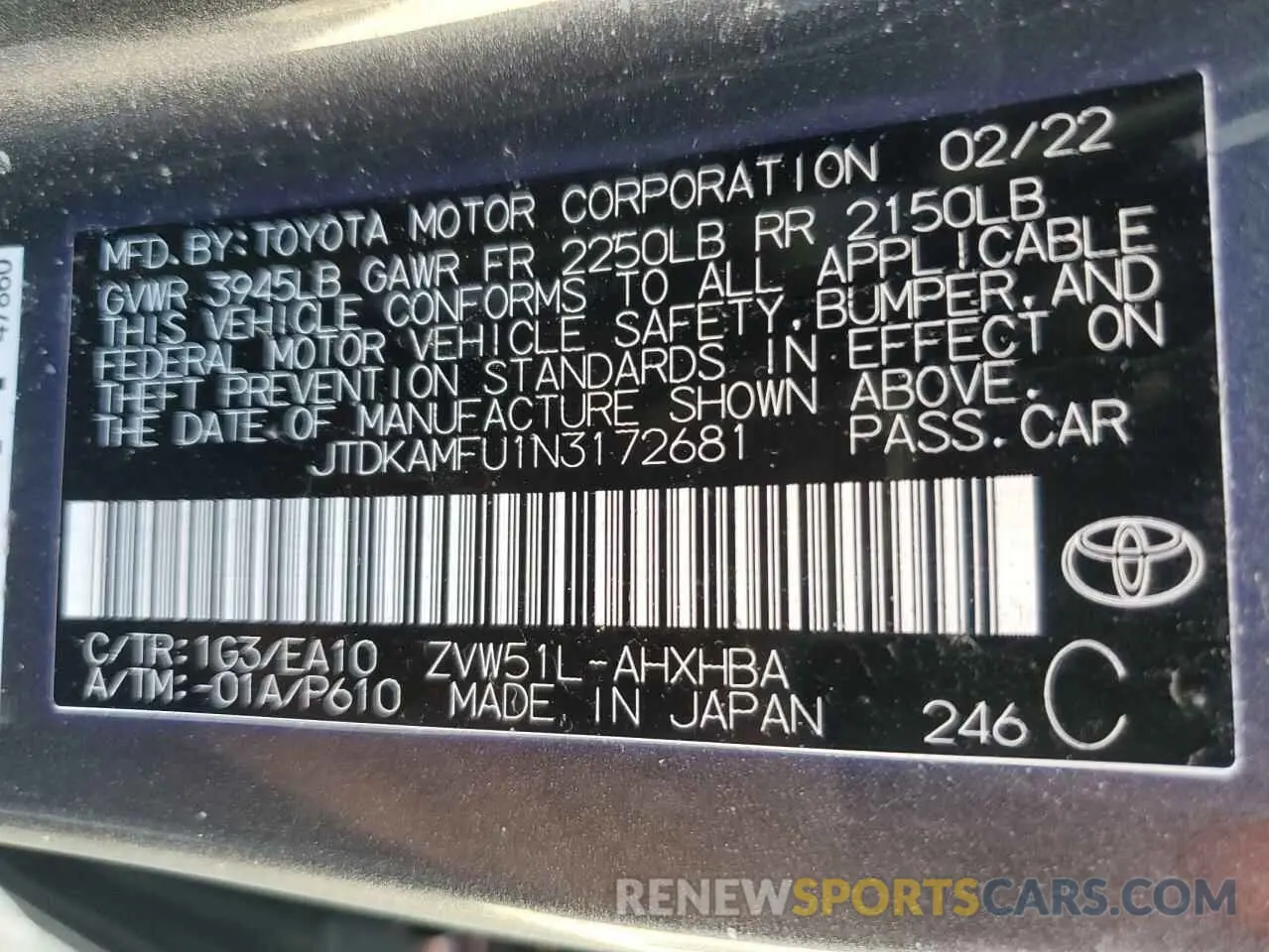 12 fotografías del automóvil dañado JTDKAMFU1N3172681 TOYOTA PRIUS NIGH 2022