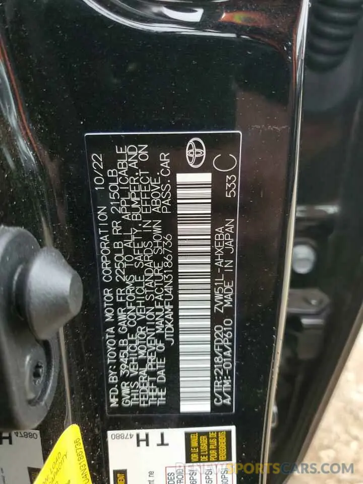 12 fotografías del automóvil dañado JTDKAMFU4N3186736 TOYOTA PRIUS NIGH 2022