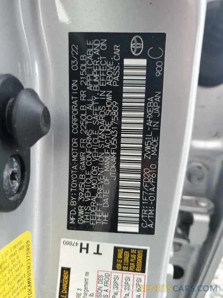 13 fotografías del automóvil dañado JTDKAMFU5N3175809 TOYOTA PRIUS NIGH 2022