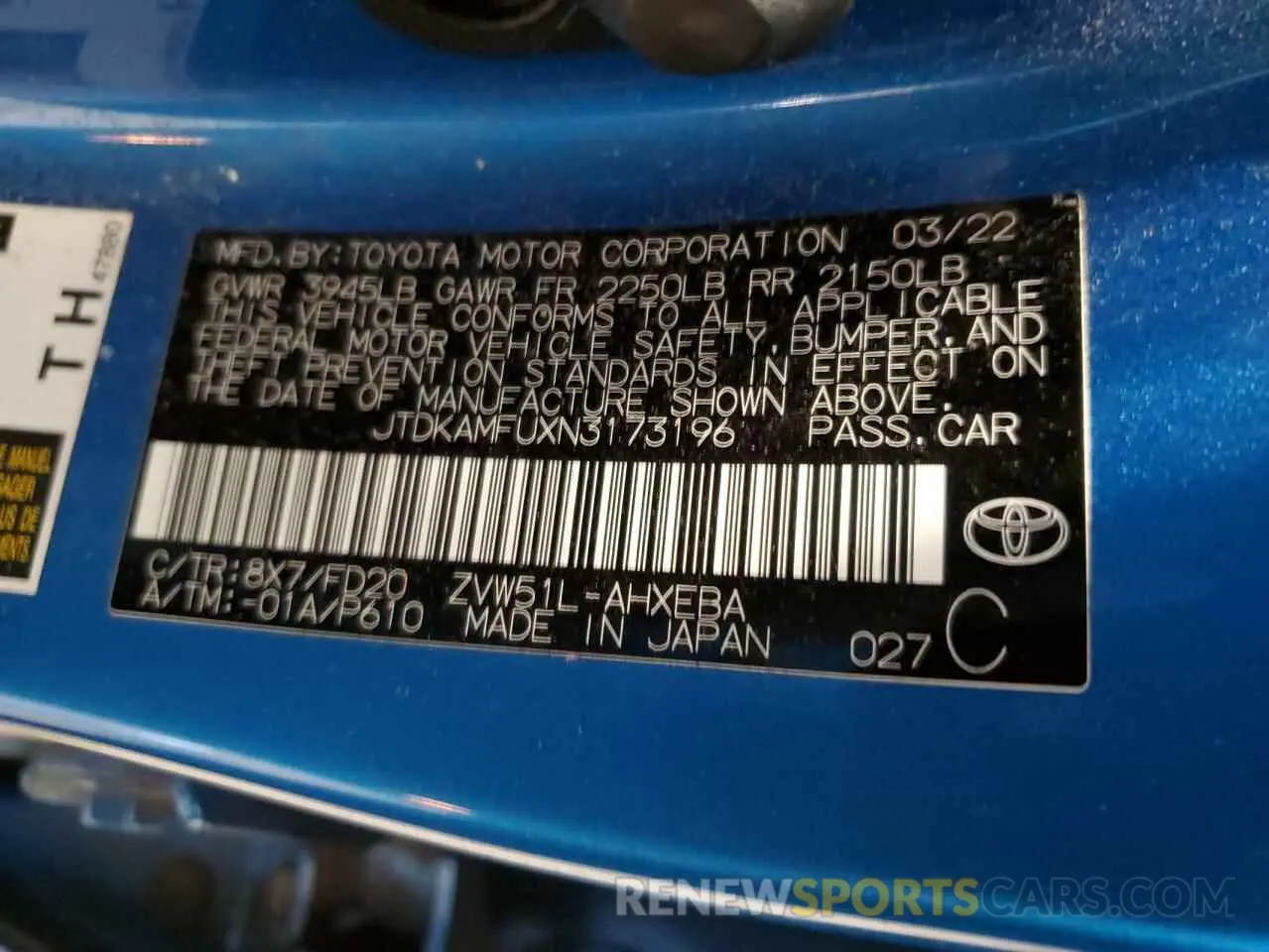 12 fotografías del automóvil dañado JTDKAMFUXN3173196 TOYOTA PRIUS NIGH 2022