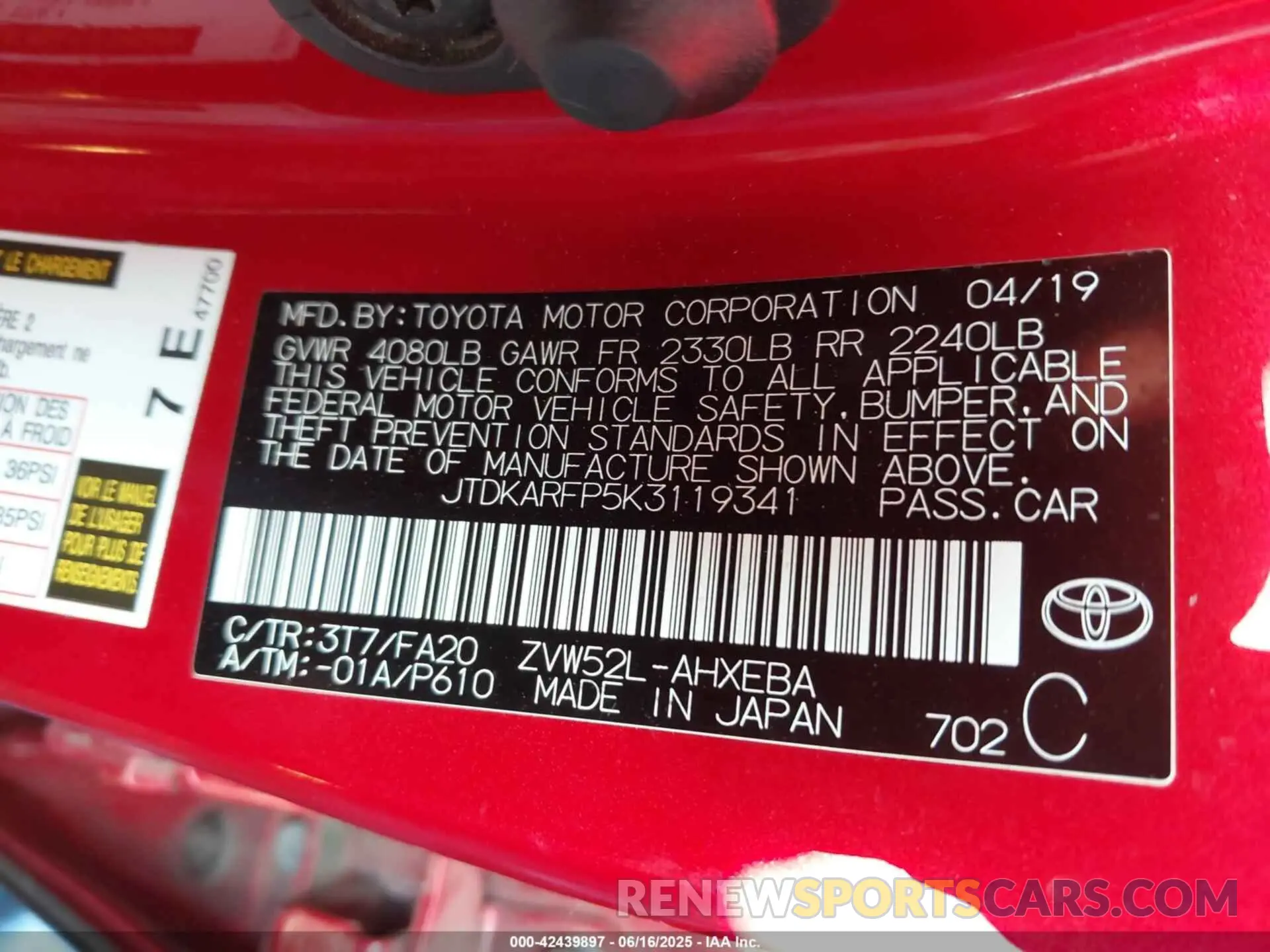 9 fotografías del automóvil dañado JTDKARFP5K3119341 TOYOTA PRIUS PRIME 2019