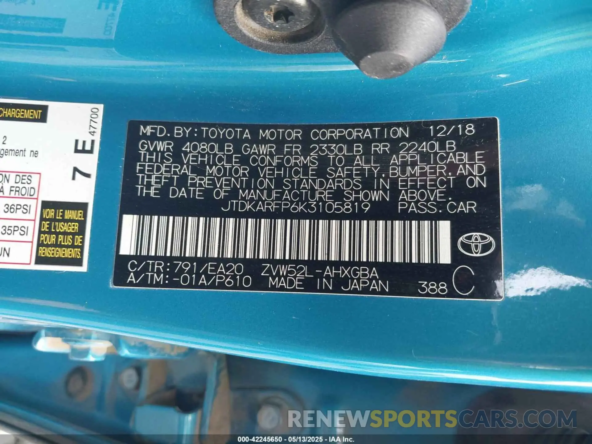 9 fotografías del automóvil dañado JTDKARFP6K3105819 TOYOTA PRIUS PRIME 2019