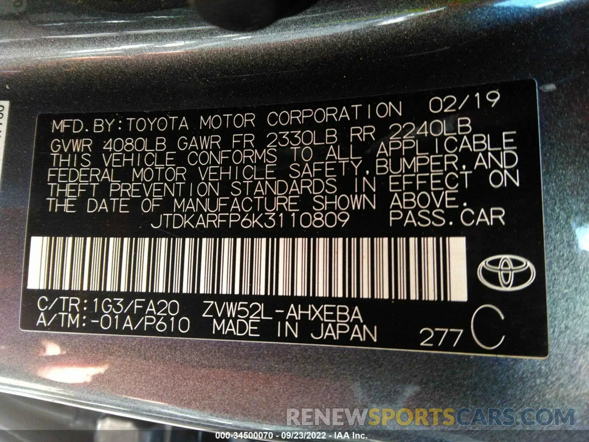 9 fotografías del automóvil dañado JTDKARFP6K3110809 TOYOTA PRIUS PRIME 2019