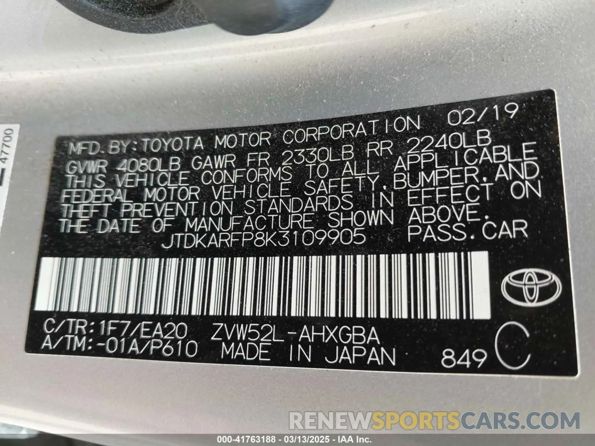 9 fotografías del automóvil dañado JTDKARFP8K3109905 TOYOTA PRIUS PRIME 2019
