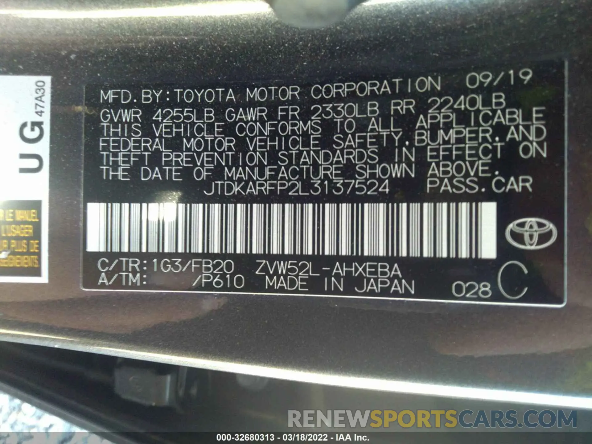 9 fotografías del automóvil dañado JTDKARFP2L3137524 TOYOTA PRIUS PRIME 2020