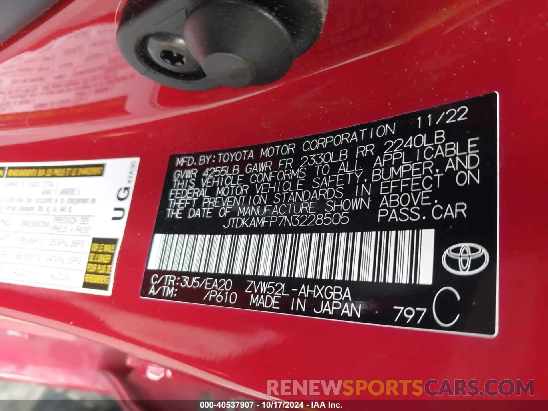 9 fotografías del automóvil dañado JTDKAMFP7N3228505 TOYOTA PRIUS PRIME 2022