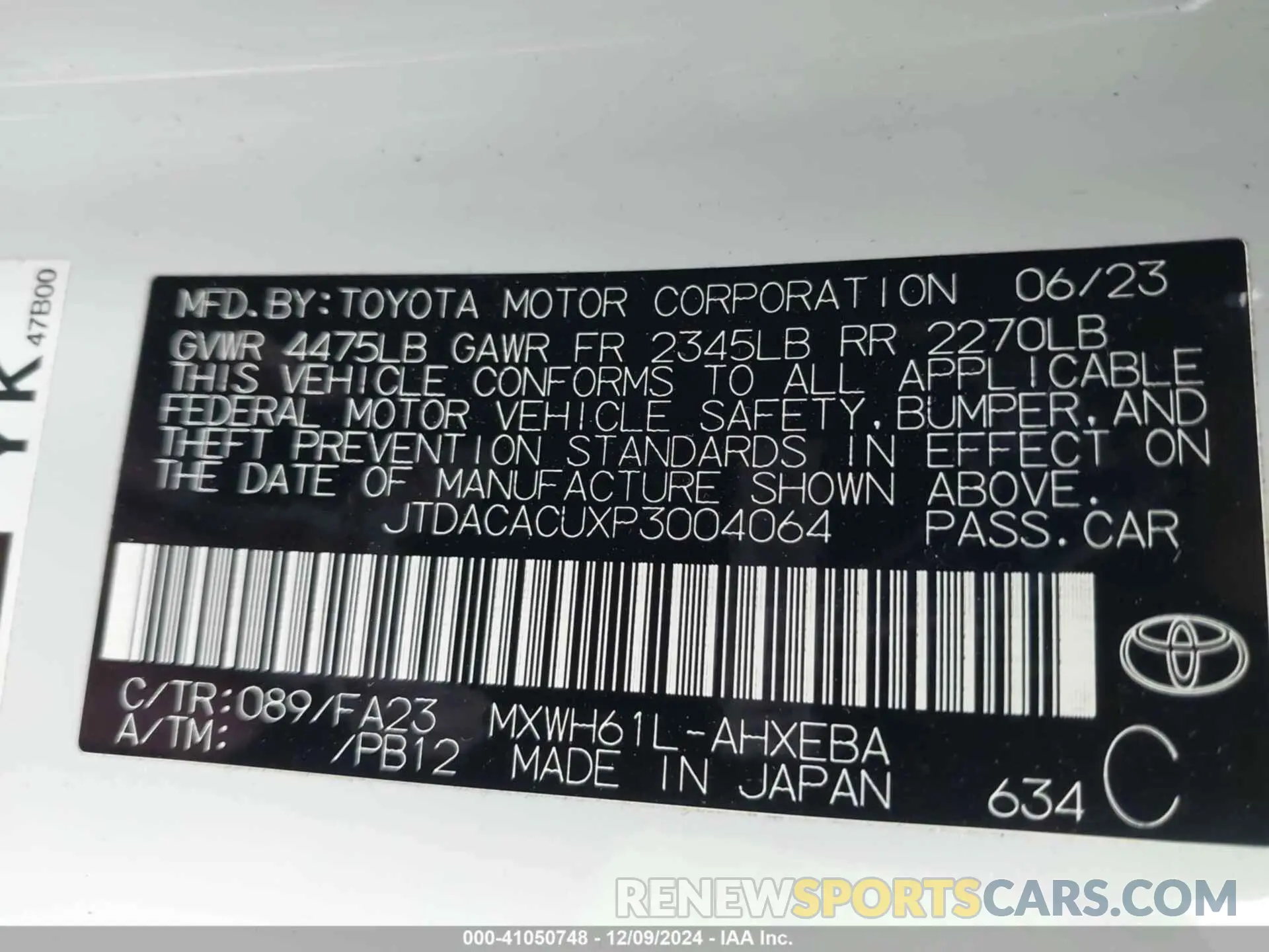 9 fotografías del automóvil dañado JTDACACUXP3004064 TOYOTA PRIUS PRIME 2023