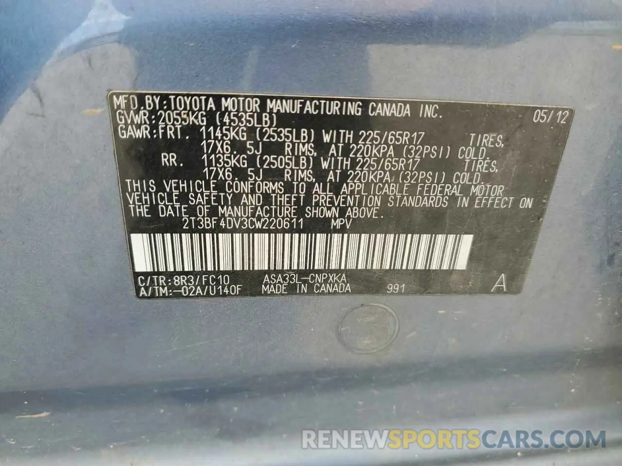 12 fotografías del automóvil dañado 2T3BF4DV3CW220611 TOYOTA RAV4 2012