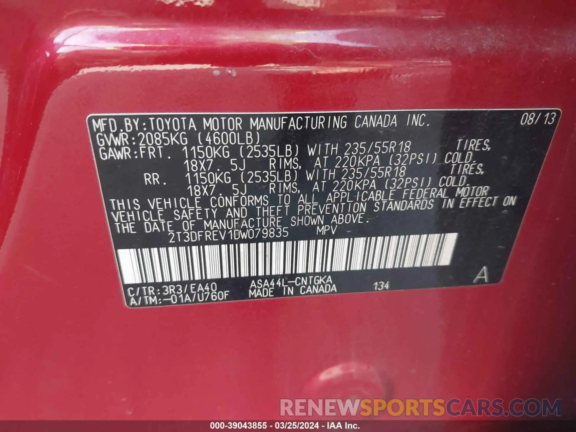 9 fotografías del automóvil dañado 2T3DFREV1DW079835 TOYOTA RAV4 2013