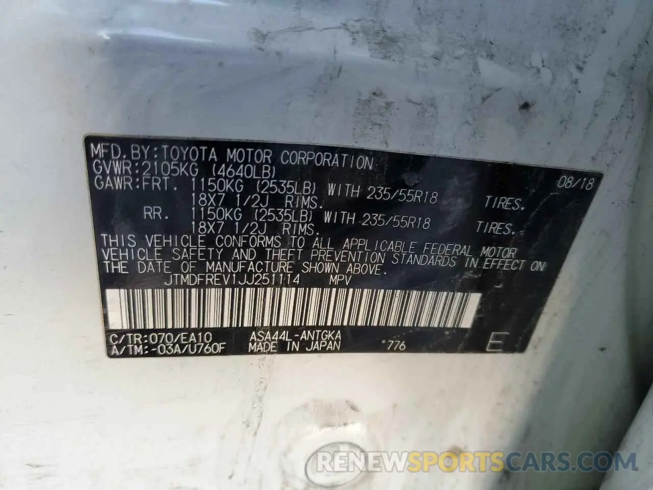 12 fotografías del automóvil dañado JTMDFREV1JJ251114 TOYOTA RAV4 2018