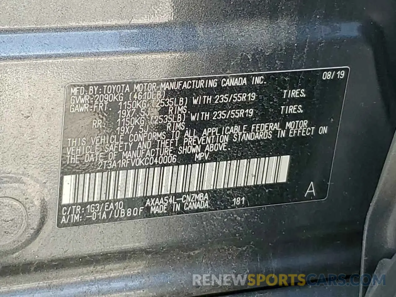 13 fotografías del automóvil dañado 2T3A1RFV0KC040006 TOYOTA RAV4 2019