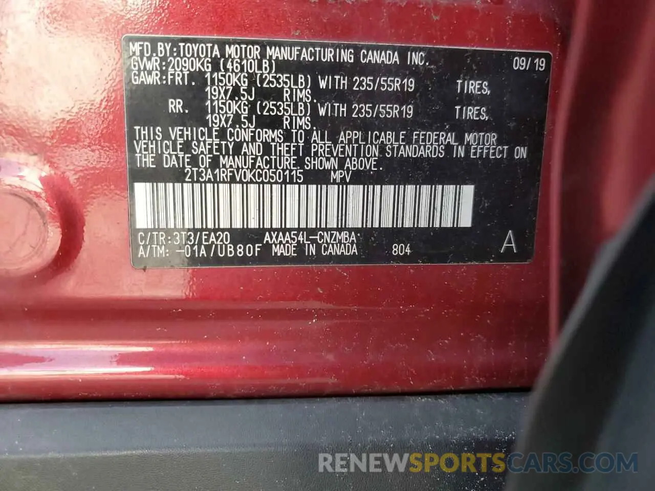 15 fotografías del automóvil dañado 2T3A1RFV0KC050115 TOYOTA RAV4 2019
