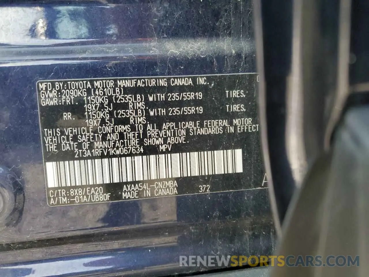 12 fotografías del automóvil dañado 2T3A1RFV1KW067634 TOYOTA RAV4 2019