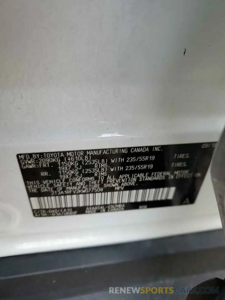 12 fotografías del automóvil dañado 2T3A1RFV2KW077508 TOYOTA RAV4 2019